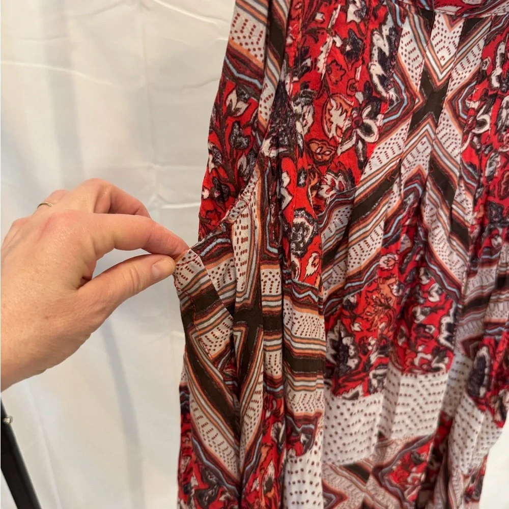 Free People Red and Cream Asymmetrical Patchwork Midi Skirt - Picture 2 of 5